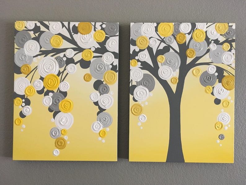 Yellow and Gray Textured Tree Art, Diptych Set of Two, Custom Painted, Modern Acrylic Painting image 1
