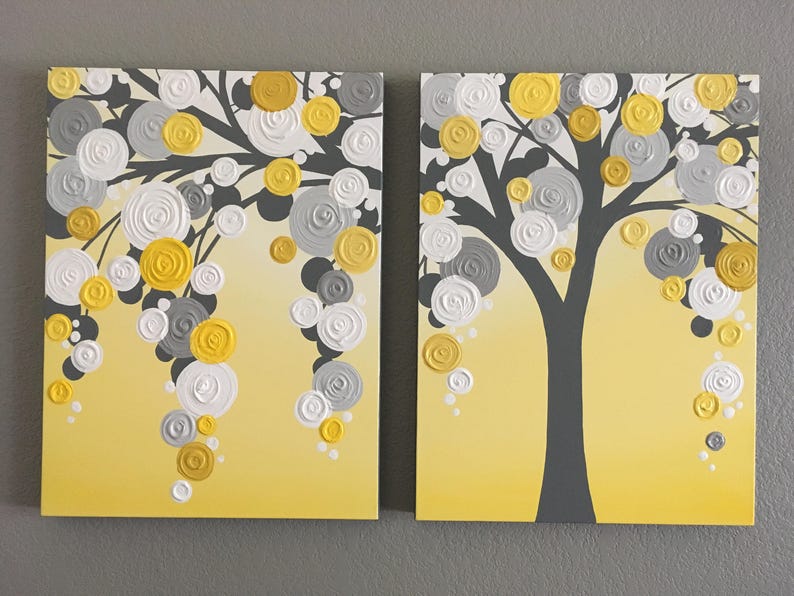 Yellow and Gray Textured Tree Art Diptych Set of Two Custom Etsy.de