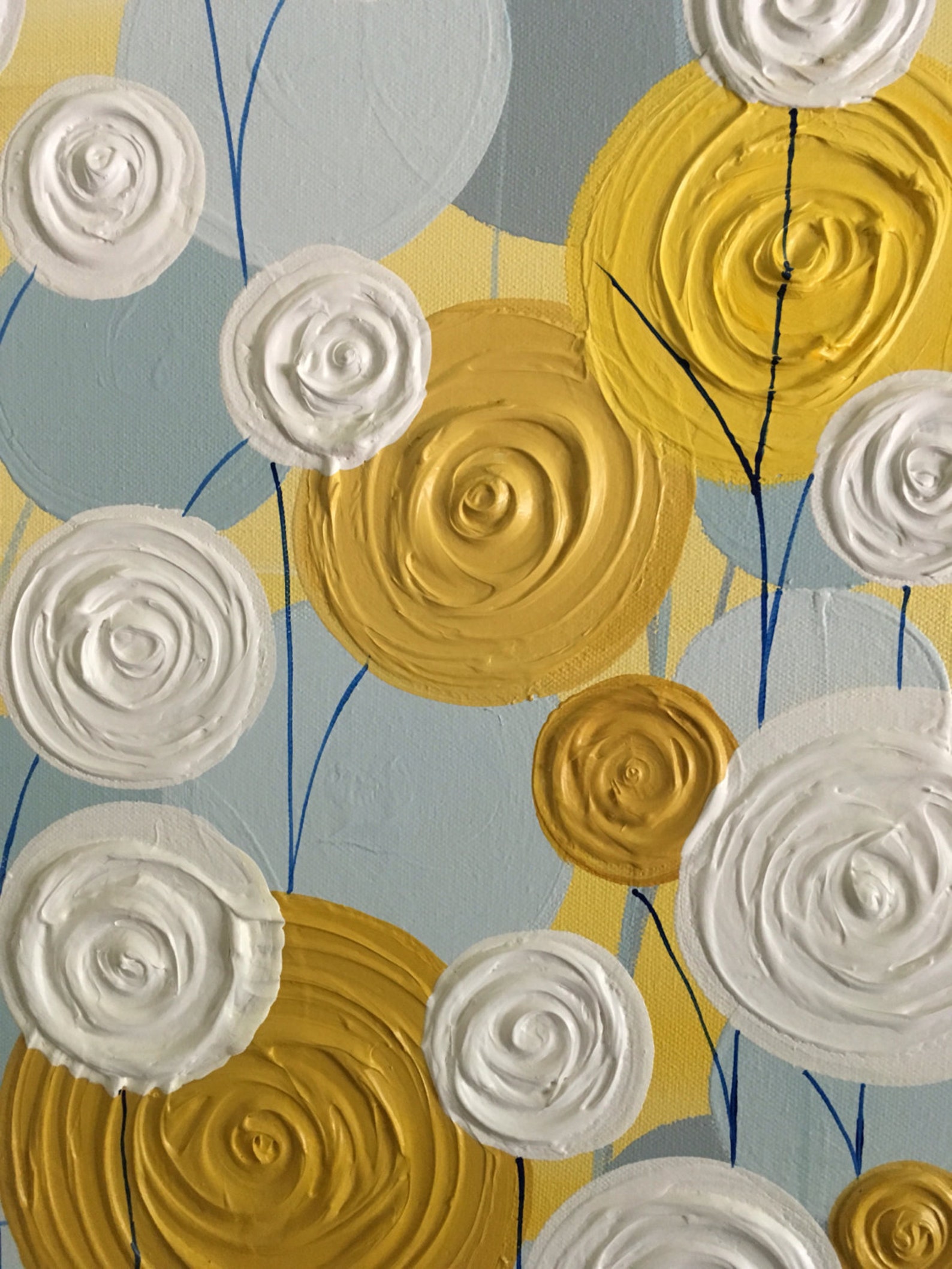 Yellow, Blue and Grey Wall Art, Textured Painting, Abstract Flowers ...