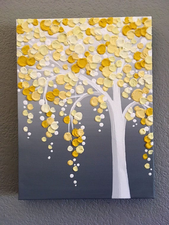 Yellow and Gray Textured Tree Original Acrylic Painting on Canvas
