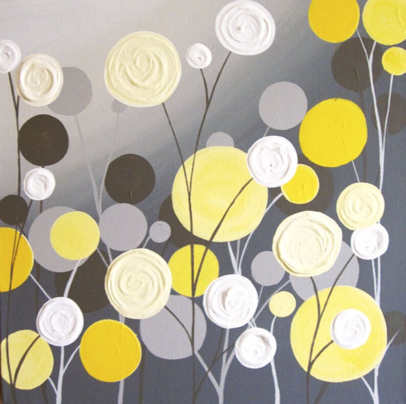 Wall Art Textured Yellow and Grey Abstract Flower Garden Two | Etsy