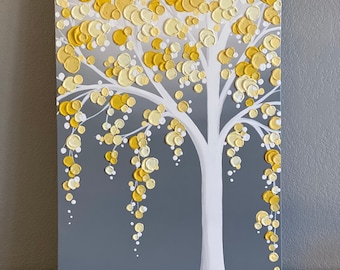 Yellow and Gray Textured Tree, Original Acrylic Painting on Canvas, select your size