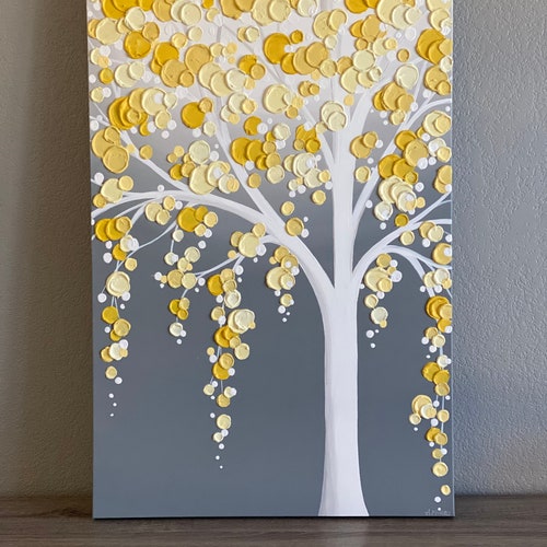 Yellow and Gray Textured Tree Original Acrylic Painting on - Etsy