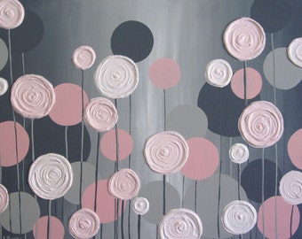 Pink and Grey Textured Flowers, Acrylic Painting on Canvas, Made to Order