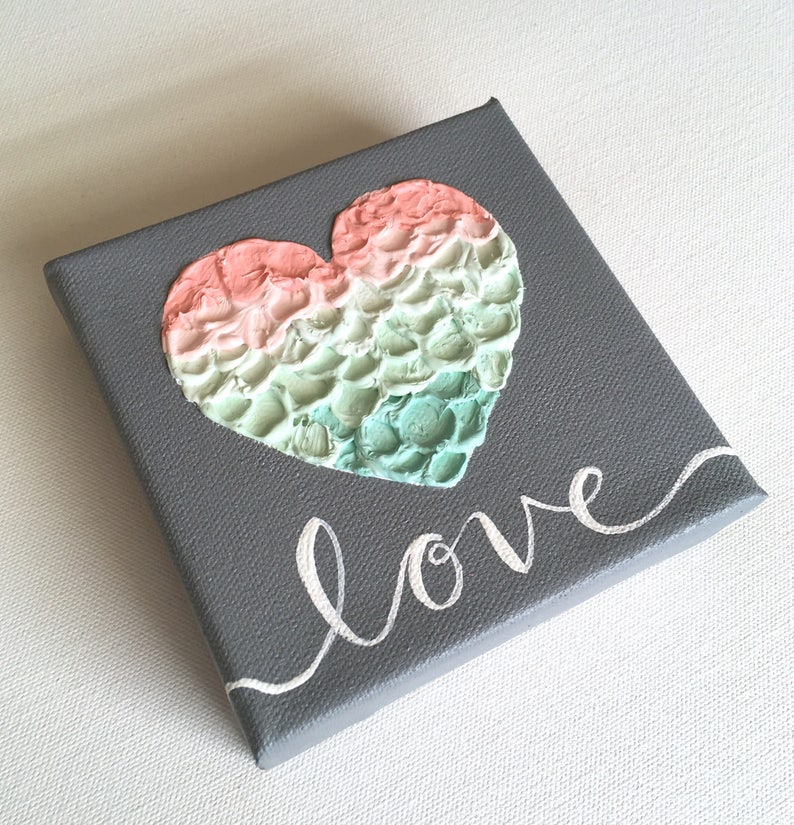 Little Love Painting, Mint, Pink, Coral, Peach and Gray Textured Nursery Art, Original Painting on Canvas, MADE TO ORDER, hand image 1