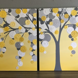 Yellow and Gray Textured Tree Art, Diptych Set of Two, Custom Painted, Modern Acrylic Painting image 6