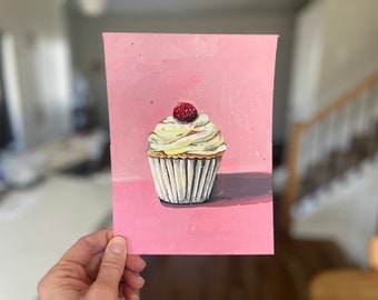 Small Vanilla Cupcake Gouache Painting | Novelty Food Art | Birthday Gift for Foodie