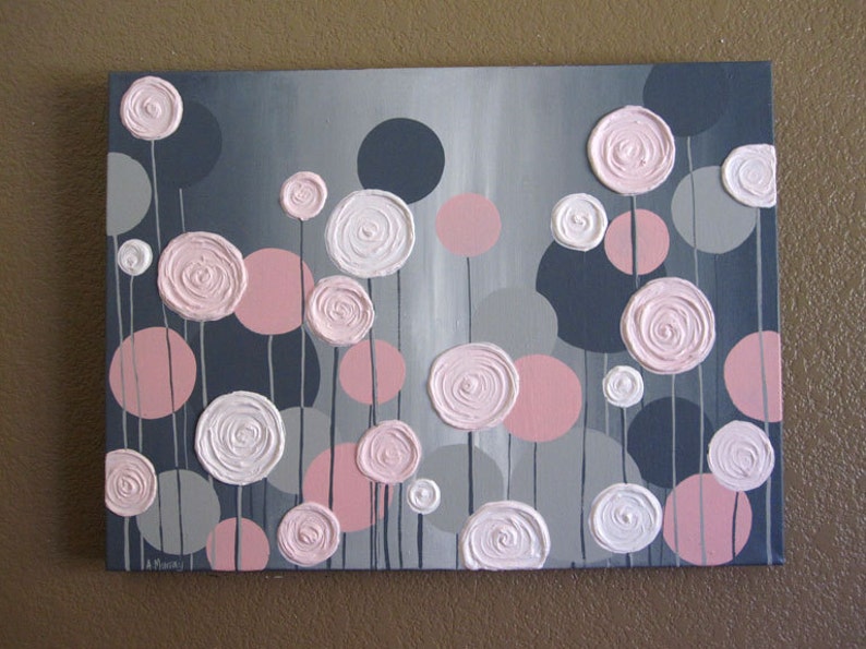 Kids Wall Art Pink and Grey Textured Flowers Acrylic Etsy