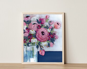 Pink Roses Still Life Giclee Print: Cottagecore Floral Art