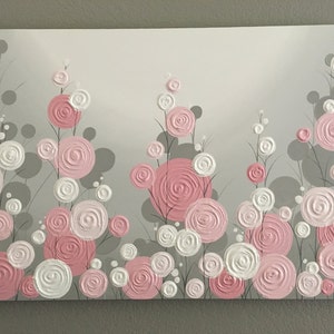 Pink and Grey Modern Flower Art, Original Painting on Canvas, Custom Sizing