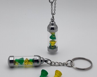 Yellow and Dark Green Gemstone Vial Keychain or Necklace, Glass Vial Charm, Building Block Accessory, Handmade Gift