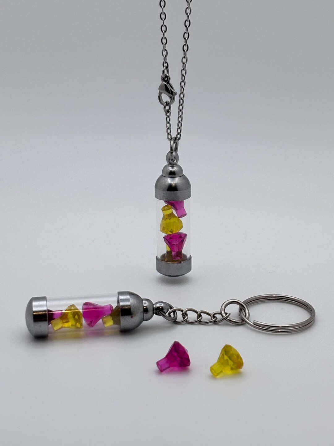 Pink and Yellow Gemstone Vial Keychain or Necklace, Glass Vial Charm ...