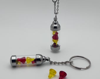 Yellow and Red Gemstone Vial Keychain or Necklace, Glass Vial Charm, Building Block Accessory, Handmade Gift