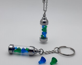 Dark Green and Dark Blue Gemstone Vial Keychain or Necklace, Glass Vial Charm, Building Block Accessory, Handmade Gift