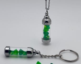 Light Green and Dark Green Gemstone Vial Keychain or Necklace, Glass Vial Charm, Building Block Accessory, Handmade Gift