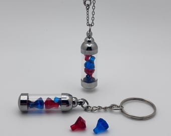 Red and Dark Blue Gemstone Vial Keychain or Necklace, Glass Vial Charm, Building Block Accessory, Handmade Gift