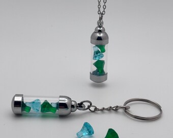 Light Blue and Dark Green Gemstone Vial Keychain or Necklace, Glass Vial Charm, Building Block Accessory, Handmade Gift