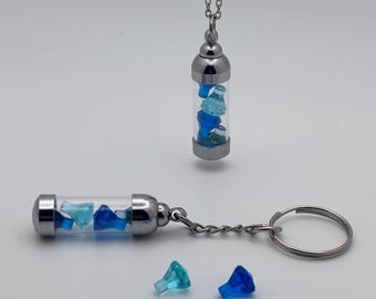 Light Blue and Dark Blue Gemstone Vial Keychain or Necklace, Glass Vial Charm, Building Block Accessory, Handmade Gift