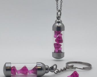 Pink Gemstone Vial Keychain or Necklace, Glass Vial Charm, Building Block Accessory, Handmade Gift