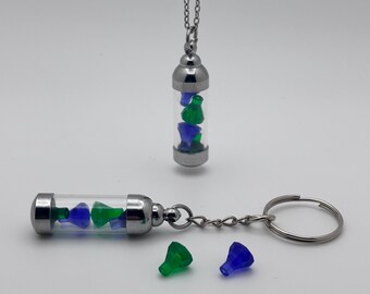 Dark Green and Purple Gemstone Vial Keychain or Necklace, Glass Vial Charm, Building Block Accessory, Handmade Gift