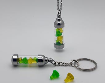 Light Green and Yellow Gemstone Vial Keychain or Necklace, Glass Vial Charm, Building Block Accessory, Handmade Gift