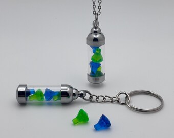 Light Green and Dark Blue Gemstone Vial Keychain or Necklace, Glass Vial Charm, Building Block Accessory, Handmade Gift