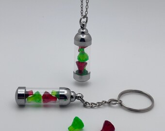 Light Green and Red Gemstone Vial Keychain or Necklace, Glass Vial Charm, Building Block Accessory, Handmade Gift
