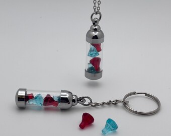 Light Blue and Red Gemstone Vial Keychain or Necklace, Glass Vial Charm, Building Block Accessory, Handmade Gift