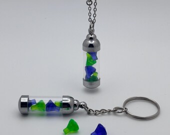 Light Green and Purple Gemstone Vial Keychain or Necklace, Glass Vial Charm, Building Block Accessory, Handmade Gift
