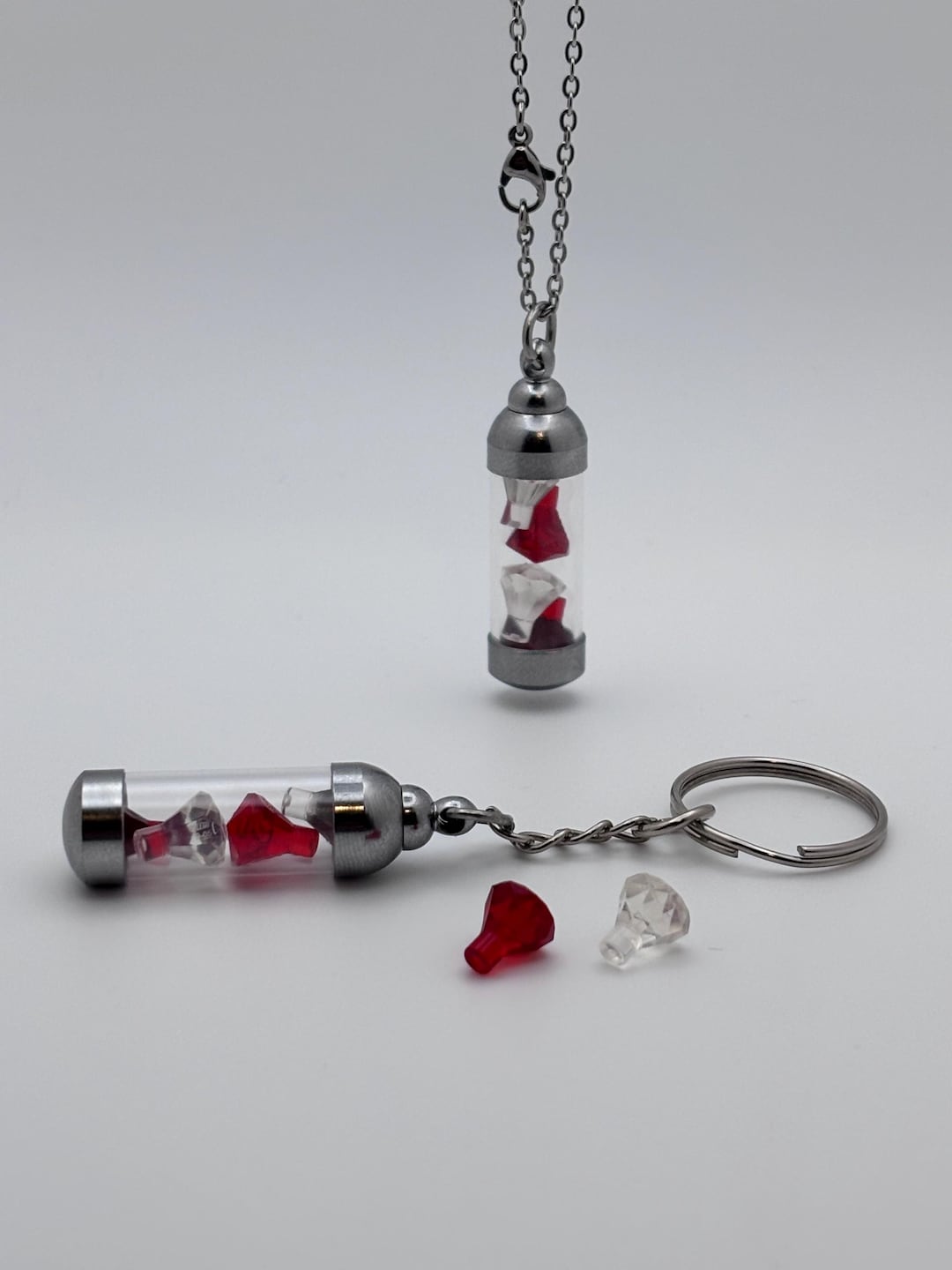 Clear and Red Gemstone Vial Keychain or Necklace, Glass Vial Charm ...