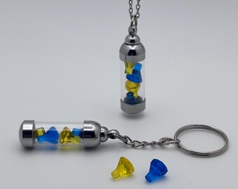Yellow and Dark Blue Gemstone Vial Keychain or Necklace, Glass Vial Charm, Building Block Accessory, Handmade Gift