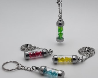Single Color 4 Gemstone Vial Keychain or Necklace, Glass Vial Charm, Building Block Accessory, Handmade Gift