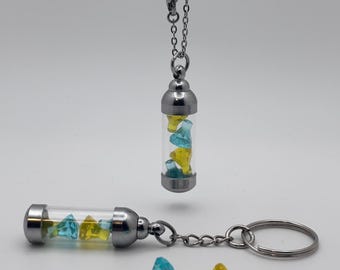 Light Blue and Yellow Gemstone Vial Keychain or Necklace, Glass Vial Charm, Building Block Accessory, Handmade Gift