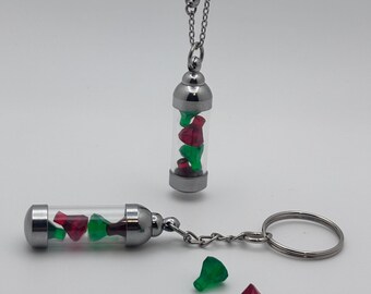 Red and Dark Green Gemstone Vial Keychain or Necklace, Glass Vial Charm, Building Block Accessory, Handmade Gift