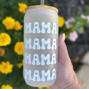 Mama Frosted Glass Cup with Wood Lid and Glass Straw