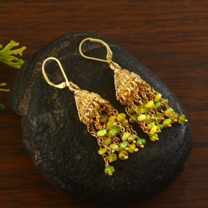 Multi Chain Canary Yellow Opal Dangles Earrings | Triangular Gold Fringe Earring Whimsical Sun-Kissed Opal Jewelry | Gift For Women