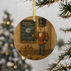 May include: A round Christmas ornament featuring a nutcracker in a red coat and black hat, standing in front of a chalkboard with Russian text. A wooden box of walnuts is at the bottom. The ornament is hanging from a gold ribbon.