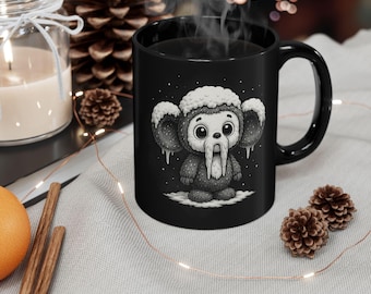 Frozen Cheburashka Siberian Winter Black Mug, Nostalgic Coffee Mug, Slavic Childhood Tea Cup