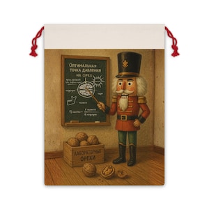 Könnte beinhalten: Ein Kordelzugbeutel mit einer Illustration eines Nussknackers in roter Uniform, der vor einer Tafel mit russischem Text steht. Die Tafel zeigt ein Gehirndiagramm und den Text "Optimaler Druckpunkt auf Nüssen". Eine Holzkiste mit Walnüssen befindet sich vor dem Nussknacker.