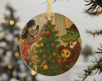 Nu Pogodi Cheburashka Gena Christmas Tree Acrylic Ornament, Soviet Cartoon Holiday