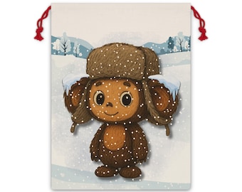 Cheburashka in Winter Ushanka Gift Bag | Cozy Slavic Holiday Scene