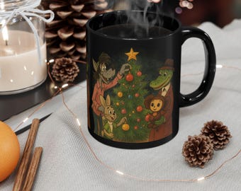 Nu Pogodi Cheburashka & Gena Christmas Tree Mug, Soviet Cartoons Gift Mug, Black Coffee Mug