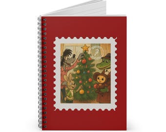 Nu Pogodi, Cheburashka & Gena Decorating the Christmas Tree Spiral Journal, Slavic Gift Notebook