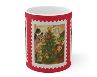 Cheburashka & Gena with Nu Pogodi Christmas Tree Mug, Postal Stamp Design Coffee Mug