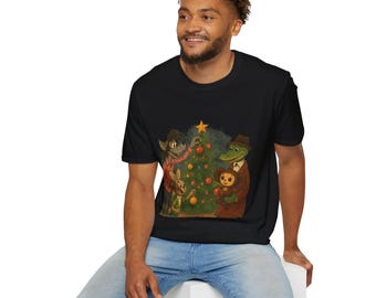 Nu Pogodi, Cheburashka & Gena Christmas Tree T-Shirt - Soviet Cartoon Holiday Unisex Tee - Nostalgic Slavic Gift