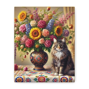 Elegant Floral Cat Canvas Wall Art, Pet Lover Gift, Home Decor, Cat Lover Wall Decor, Colorful Floral Print, Vintage Art