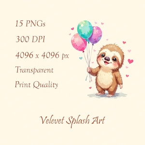 Cute Baby Sloth Watercolor Clipart Bundle | Adorable Nursery Sloth PNGs | Hand-Painted Floral Sloth Illustrations | Baby Shower & Kids Art