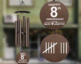 8th-anniversary Gift Personalized Wind chime - Wind Chimes - Traditional Bronze Anniversary Gift - 8 Tally Marks Engraved - Gift for Couples