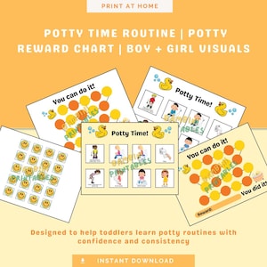 以下が含まれることがあります： 「Potty Time!」と「You can do it!」のテキストが入った、印刷可能なトイレトレーニングチャートと報酬システム。チャートには、子供向けのカラフルなイラストと報酬セクションが描かれています。