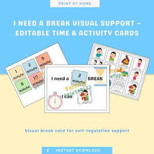 Peut inclure: Un ensemble de supports visuels avec des cartes de temps et d'activités modifiables. Les cartes comprennent des incréments de temps tels que 1, 2, 5, 8 et 10 minutes. L'ensemble comprend également des cartes d'activités avec des illustrations.